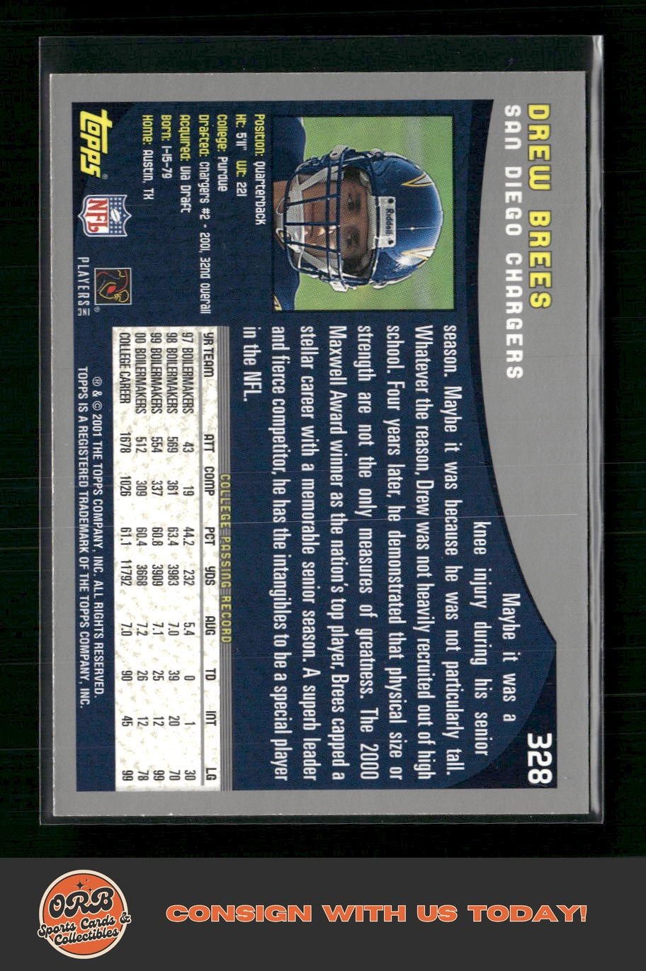 Drew Brees 2001 Topps #328 Topps Collection - Back