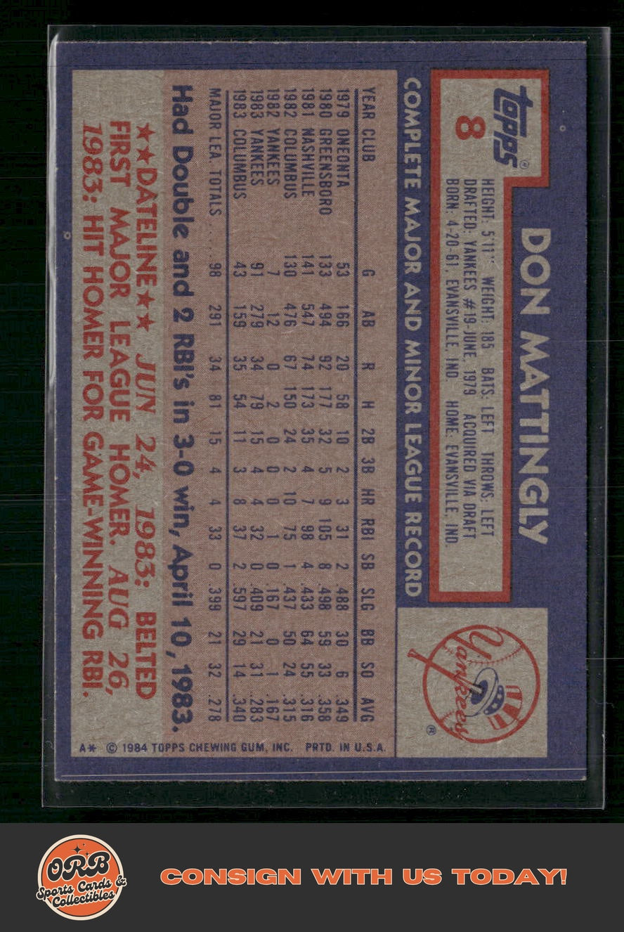Don Mattingly 1984 Topps #8 - Back