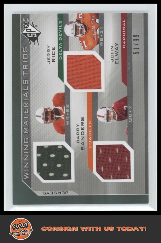 John Elway/Barry Sanders/Jerry Rice 2013 SPx Winning Trios Triple Jerseys #/99 - Front