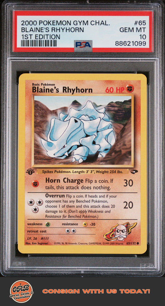 Blaine'S Rhyhorn 2000 Pokemon Gym Challenge #65 1st Edition PSA 10 - Front