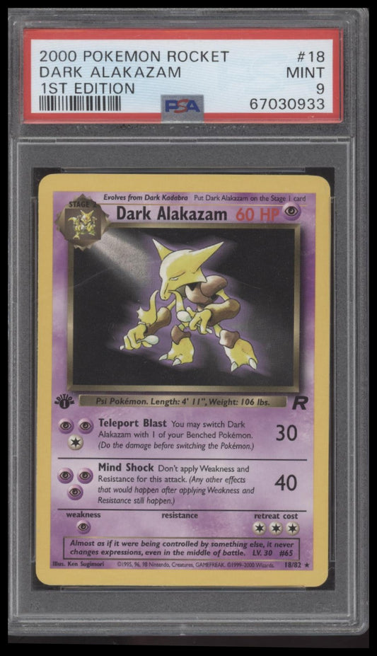 Dark Alakazam 2000 Pokemon Rocket #18 1st Edition PSA 9 - Front
