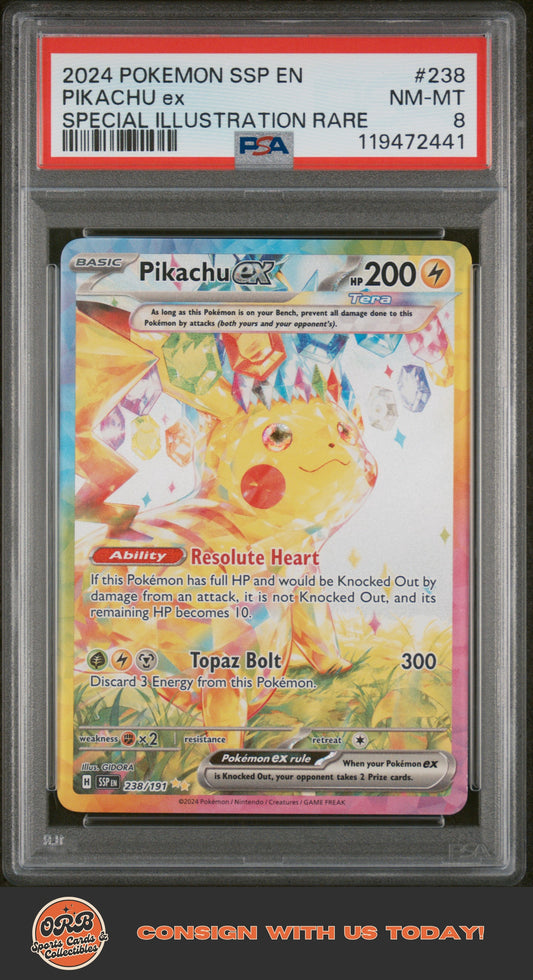 Pikachu Ex 2024 Pokemon-Surging Sparks #238 Special Illustration Rare PSA 8 - Front