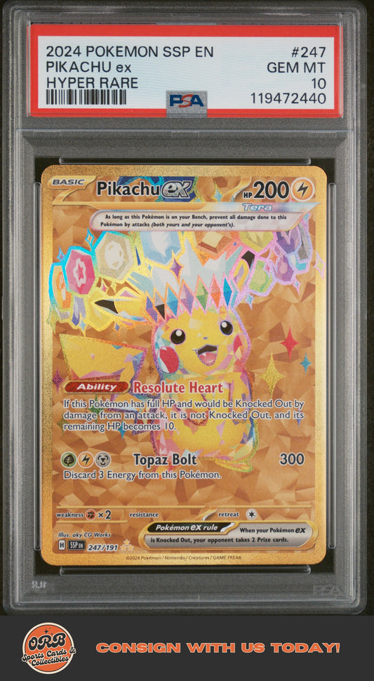 Pikachu Ex 2024 Pokemon Ssp En-Surging Sparks #247 Hyper Rare PSA 10 - Front
