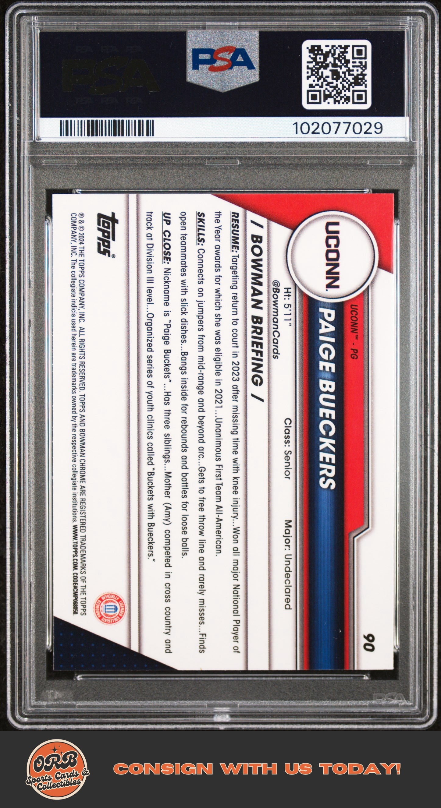 Paige Bueckers 2023 Bowman University Chrome #90 PSA 10 - Back