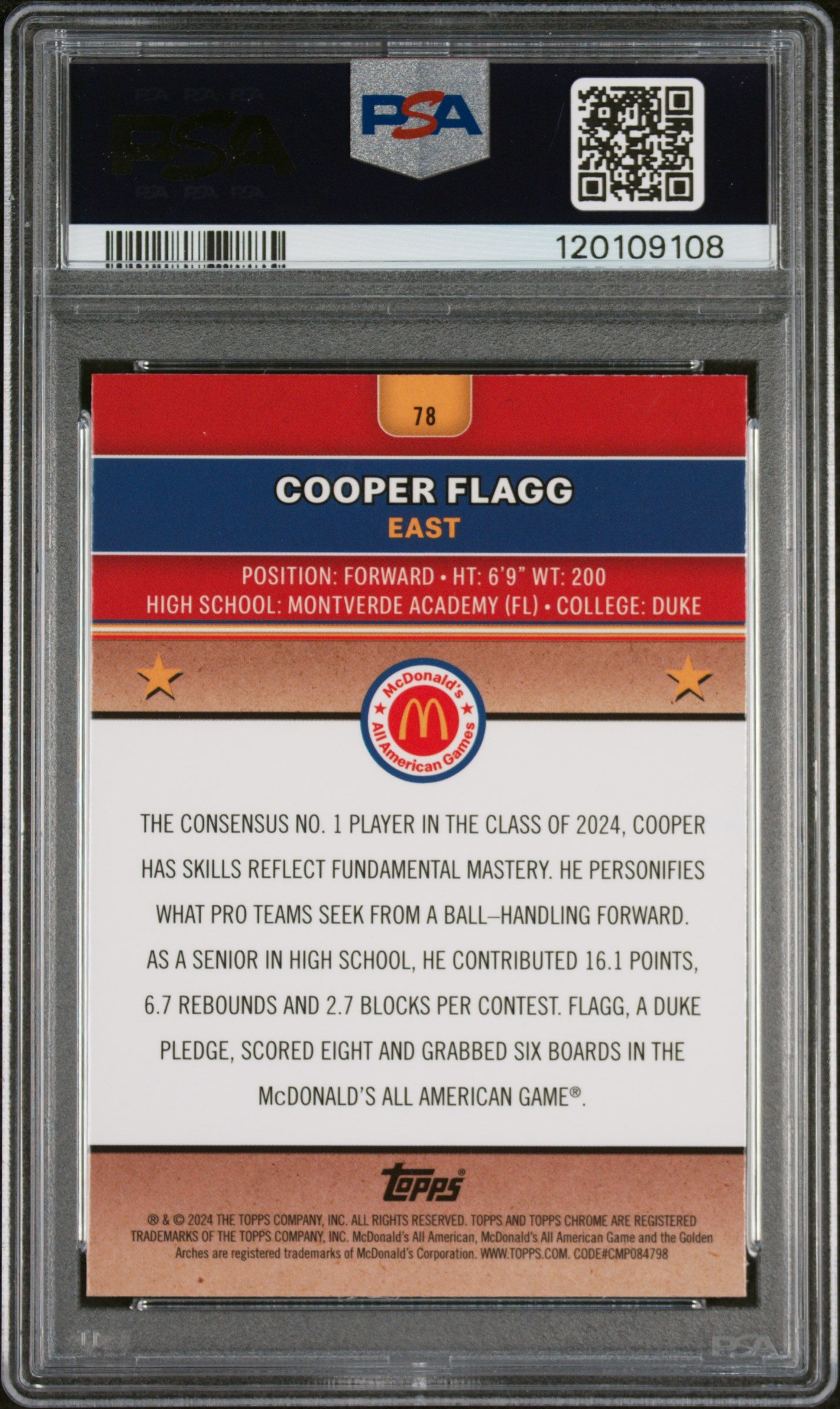 Cooper Flagg 2024 Topps Chrome Mcdonald'S All American #78 PSA 10 - Back