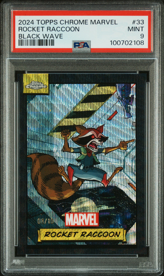 Rocket Raccoon 2024 Topps Chrome Marvel #33 Black Wave PSA 9 - Front