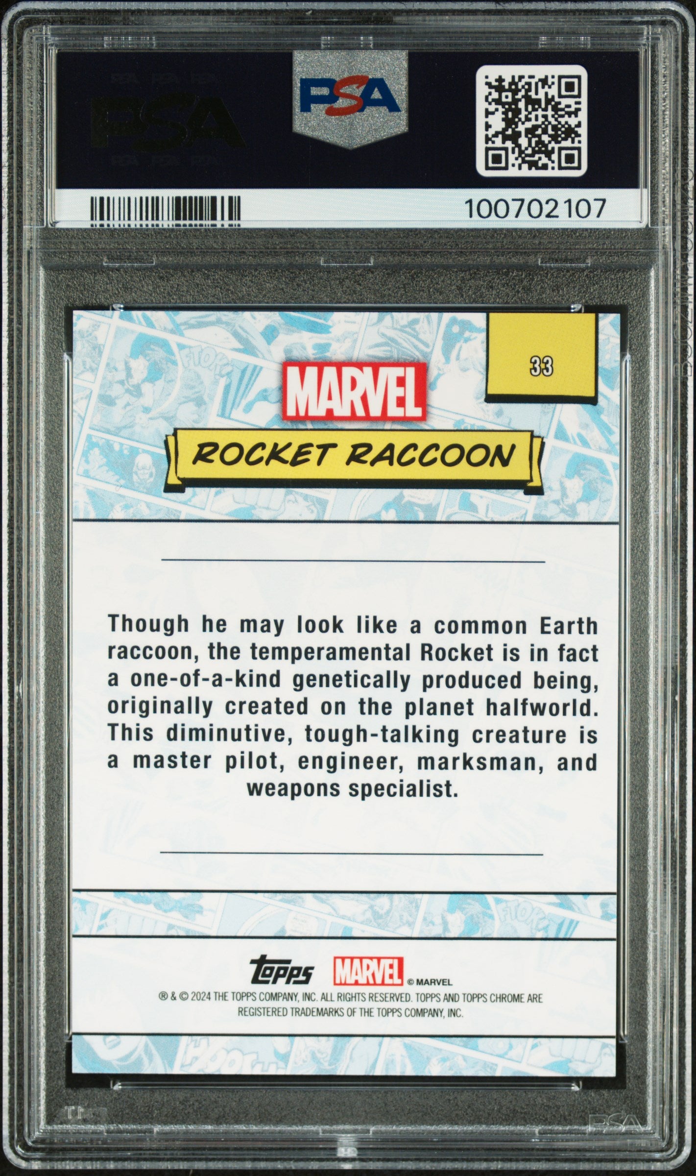 Rocket Raccoon 2024 Topps Chrome Marvel #33 Purple Refractor PSA 9 - Back