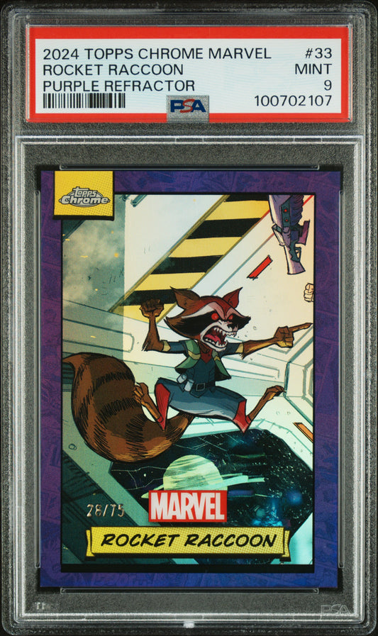 Rocket Raccoon 2024 Topps Chrome Marvel #33 Purple Refractor PSA 9 - Front