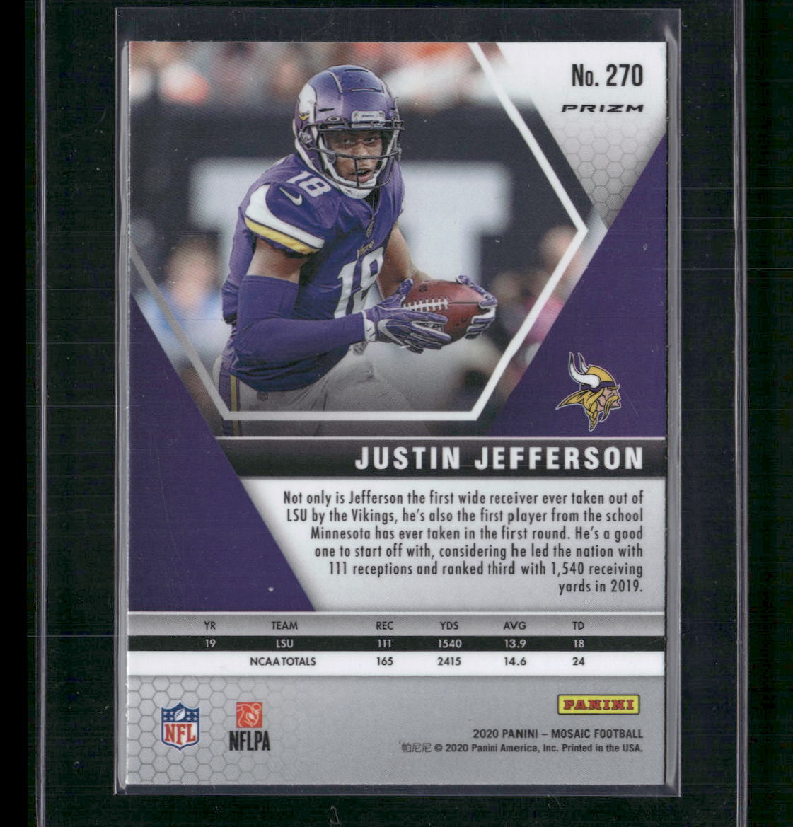 Justin Jefferson 2020 Panini Mosaic #270 Prizm Camo Pink - Back