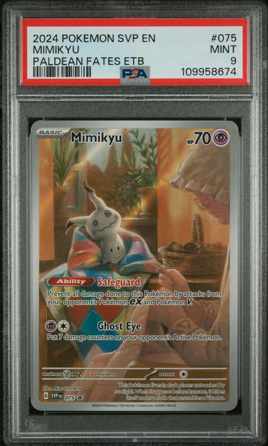 Mimikyu 2024 Pokemon Svp En-Sv Black Star Promo #075 Paldean Fates Etb PSA 9 - Front