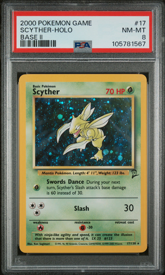 Scyther-Holo 2000 Pokemon Game Base Ii #17 Base Ii PSA 8 - Front