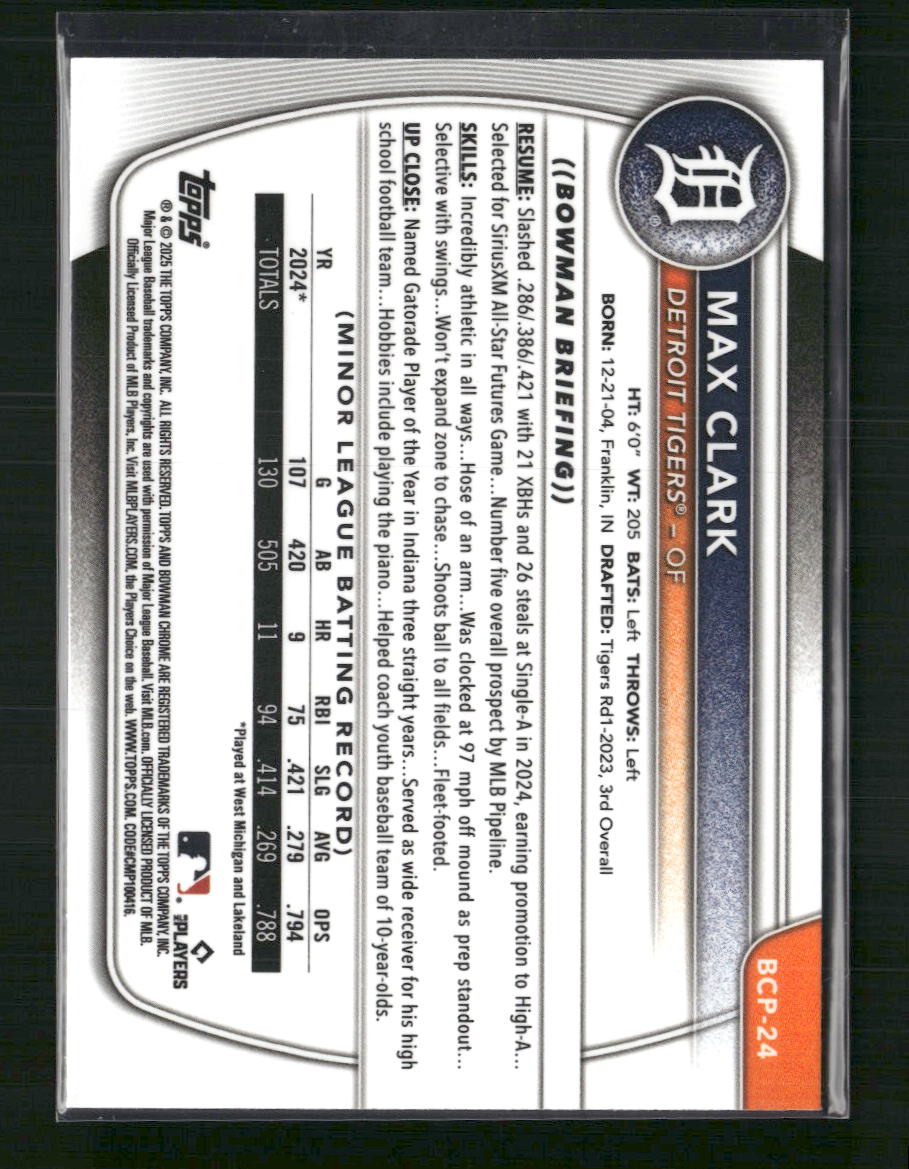 Max Clark 2025 Bowman #BCP-24 Chrome Prospects Purple Refractor #/250
