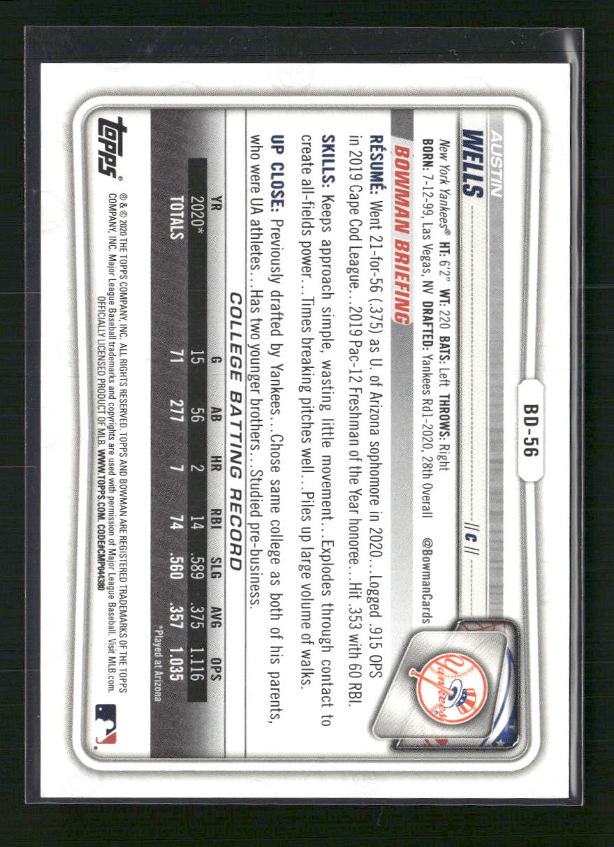 Austin Wells 2020 Bowman Draft #BD-56 Yellow #/75