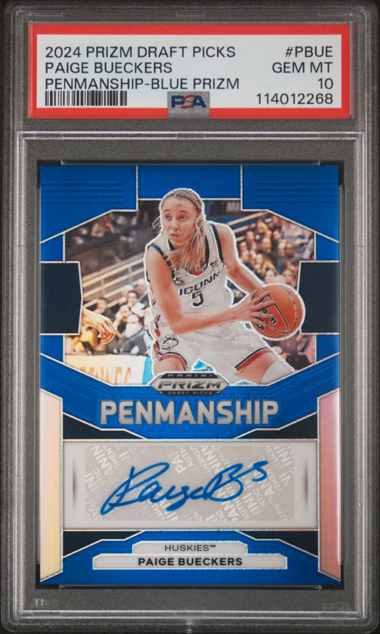 Paige Bueckers 2024 Panini Prizm Draft Picks Penmanship Blue Prizm PSA 10