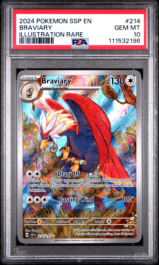 Braviary 2024 Pokemon Ssp En-Surging Sparks #214 Illustration Rare PSA 10 - Front