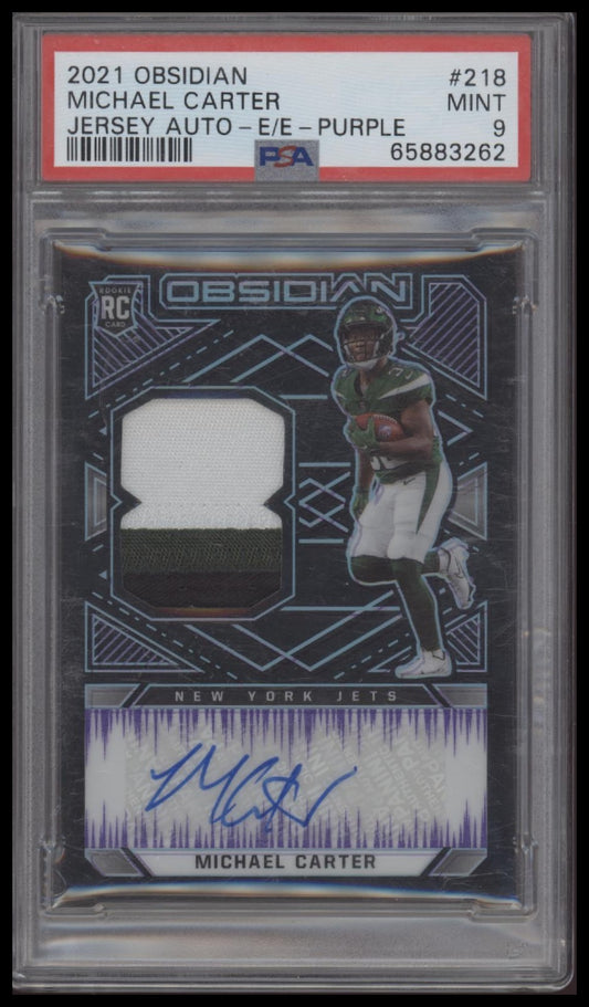 Michael Carter 2021 Panini Obsidian #218 Jersey Auto-E/E-Purple PSA 9