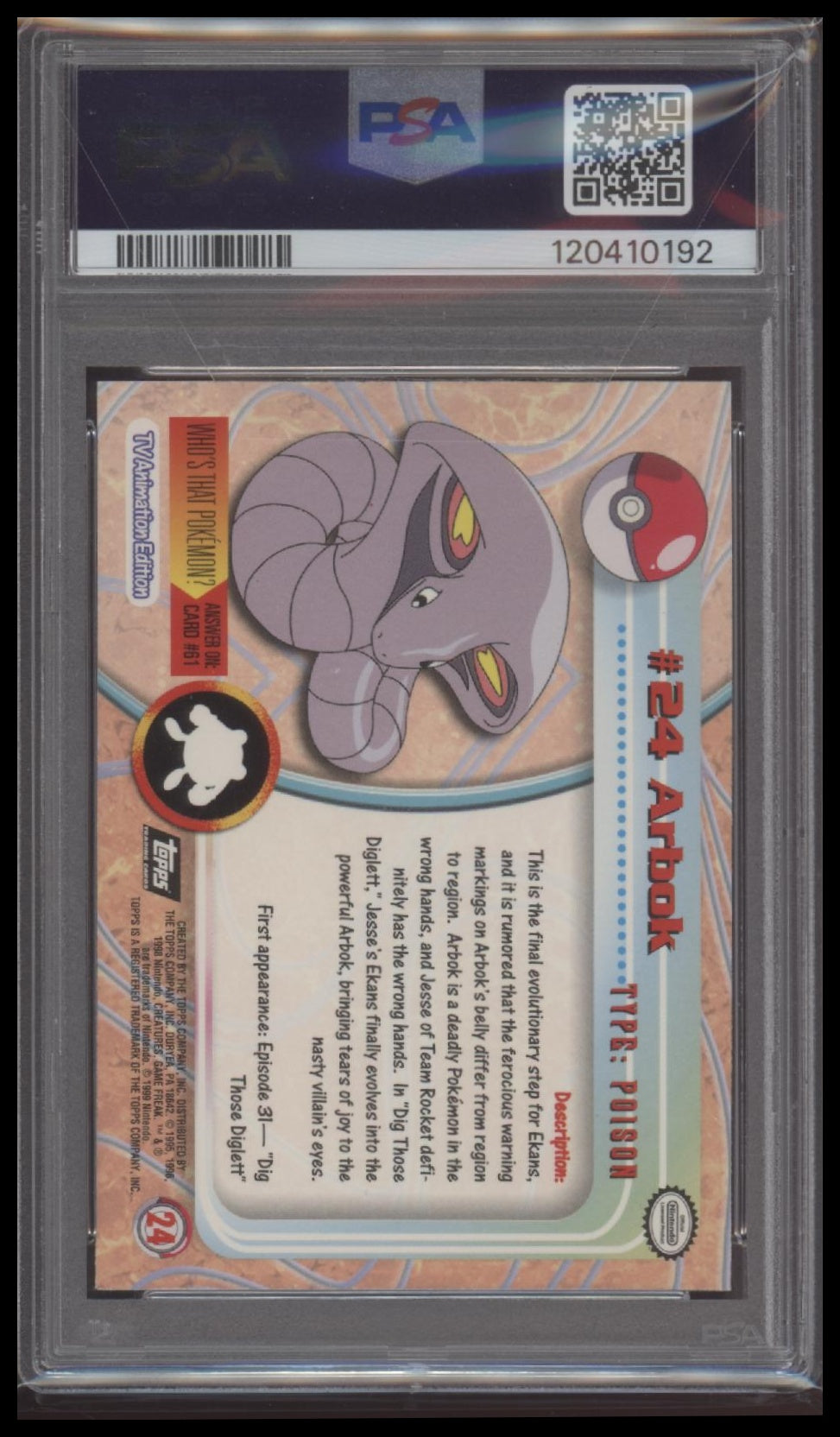 Arbok 1999 Topps Pokemon Tv #24 Foil PSA 9