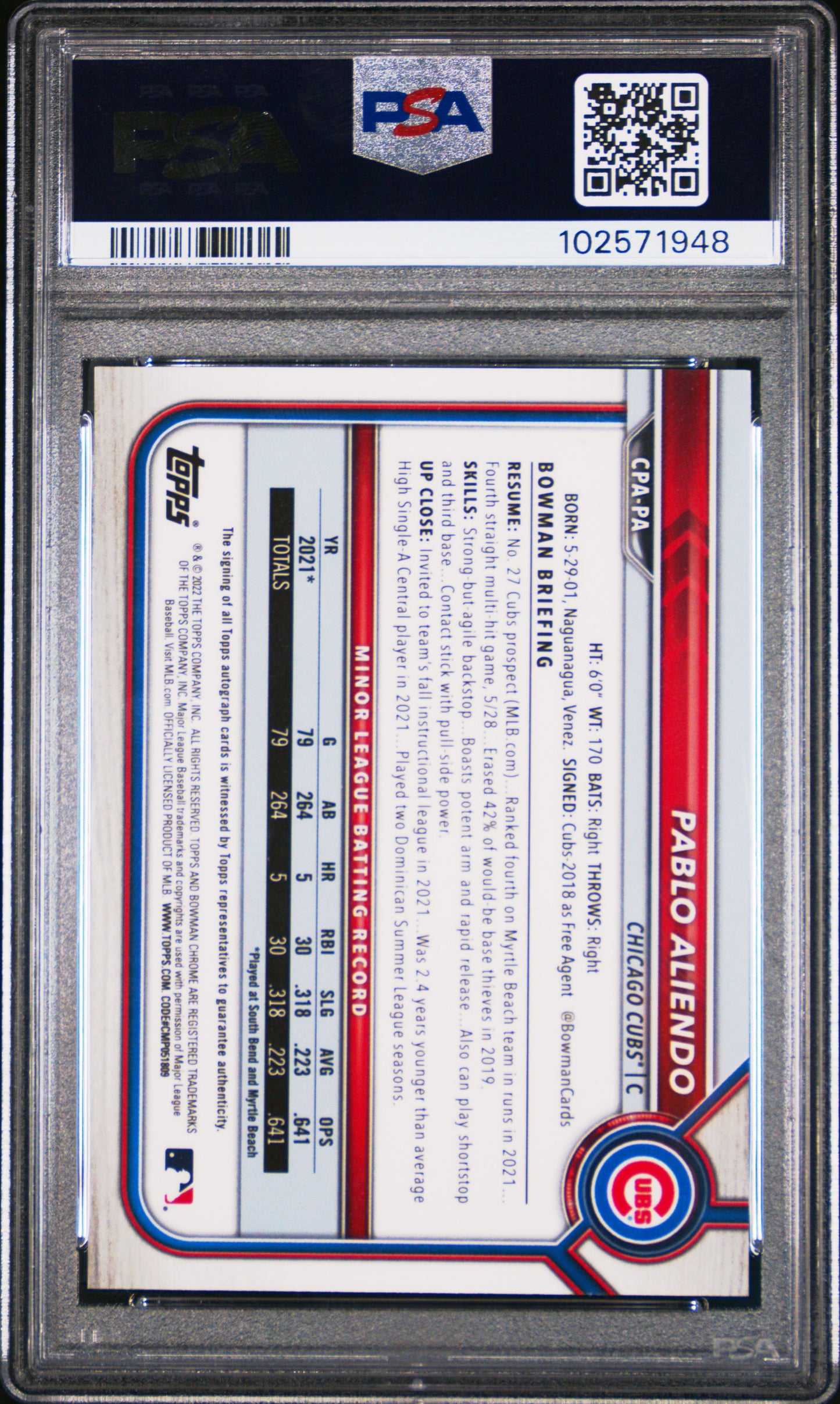 Pablo Aliendo 2022 Bowman Chrome Prospect Autographs #CPAPA  Ref. PSA 10