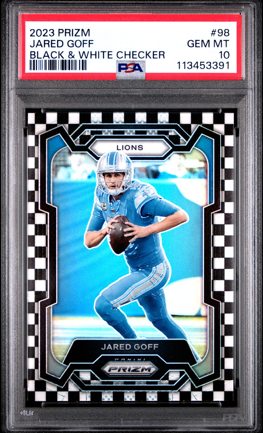 Jared Goff 2023 Panini Prizm #98 Black & White Checker PSA 10