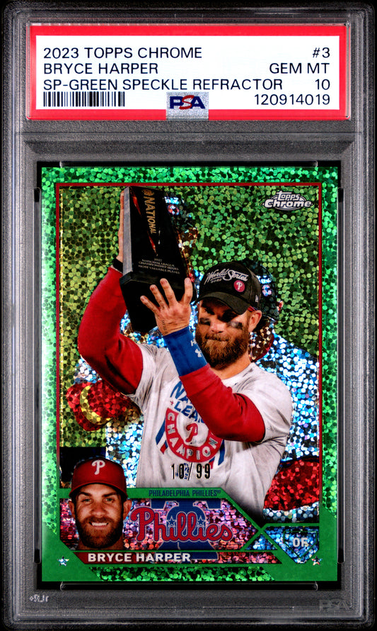 Bryce Harper 2023 Topps Chrome #3 Sp-Green Speckle Refractor PSA 10