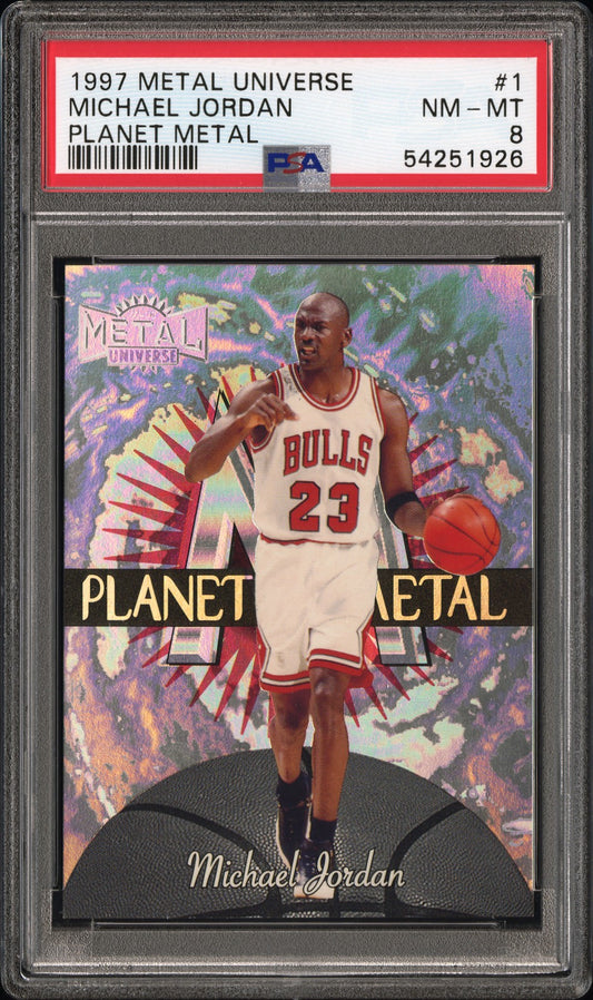 Michael Jordan 1997 Metal Universe Planet Metal #1 Planet Metal PSA 8