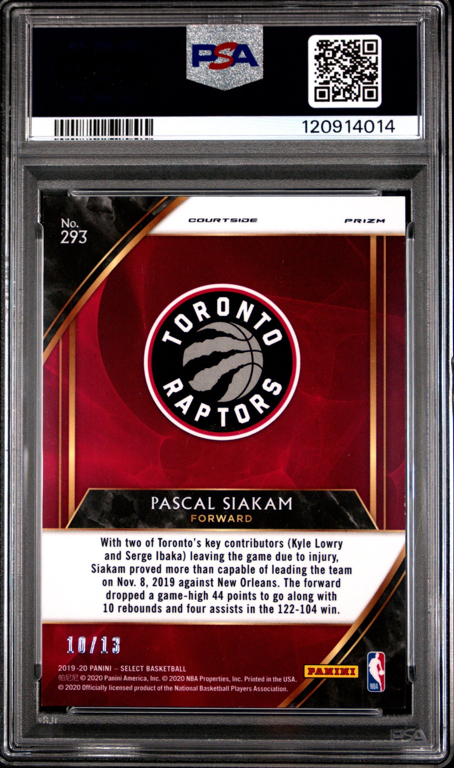 Pascal Siakam 2019 Panini Select #293 Neon Orange Pulsar Prizm PSA 9