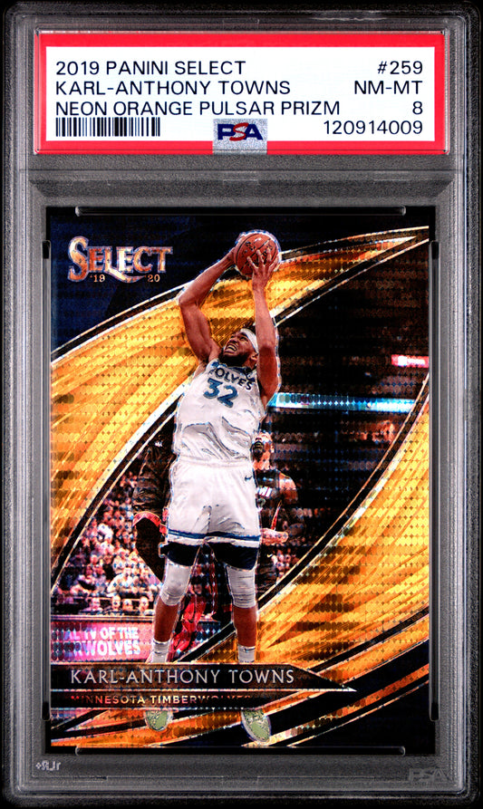 Karl-Anthony Towns 2019 Panini Select #259 Neon Orange Pulsar Prizm PSA 8