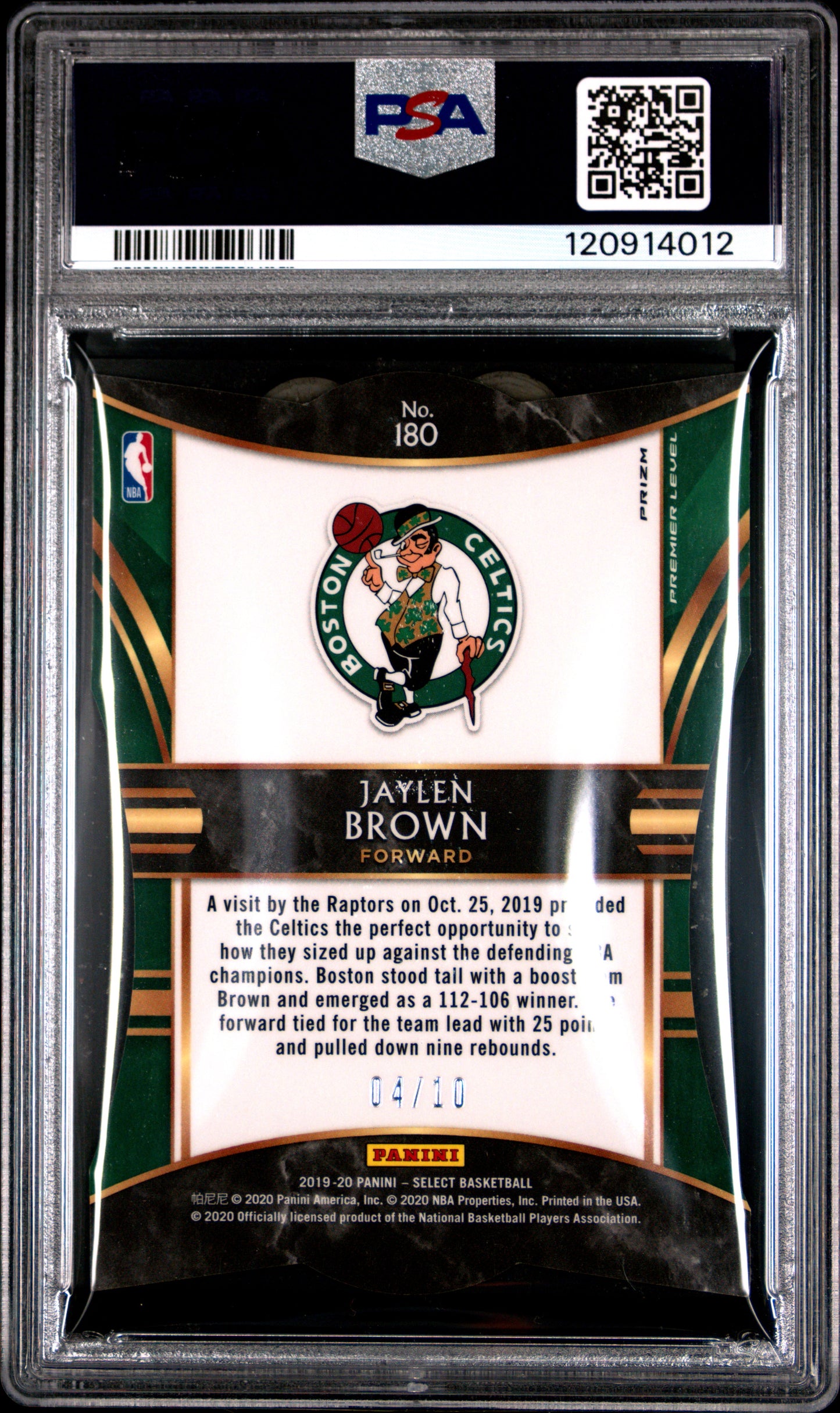 Jaylen Brown 2019 Panini Select #180 Die-Cut Gold Prizm PSA 8