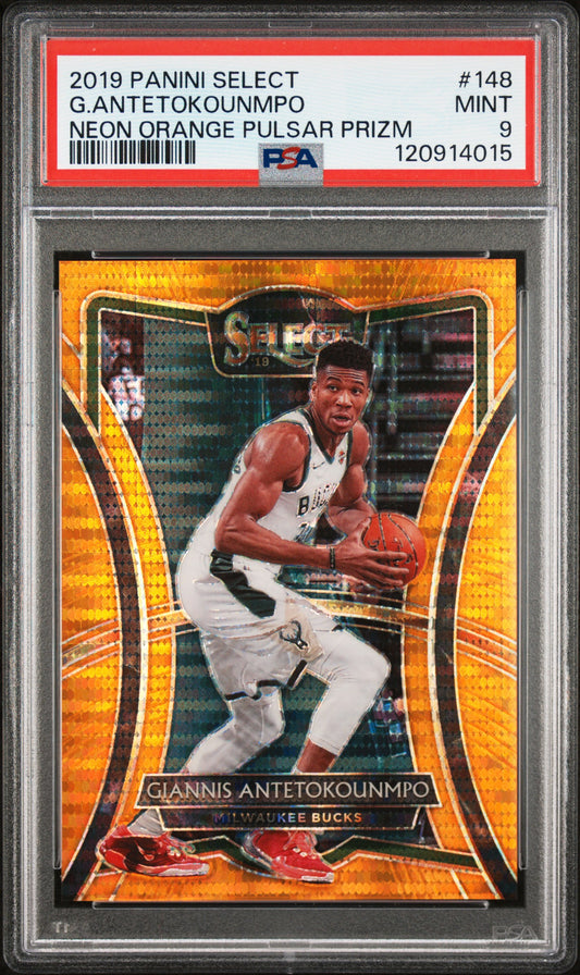 G.Antetokounmpo 2019 Panini Select #148 Neon Orange Pulsar Prizm PSA 9