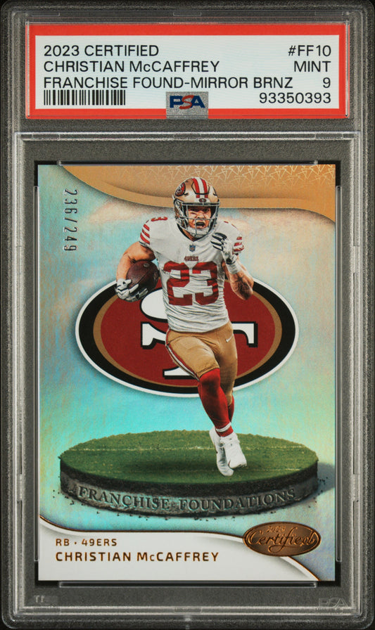 Christian Mccaffrey 2023 Panini Cert. Franchise Found. #FF10-Mirror Brnz PSA 9