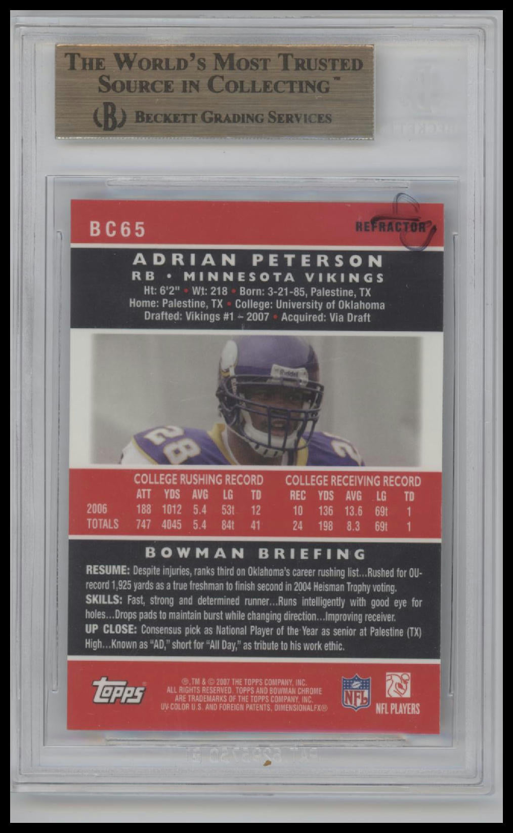 Adrian Peterson 2007 Bowman Chrome Refractors #65 BGS 9.5