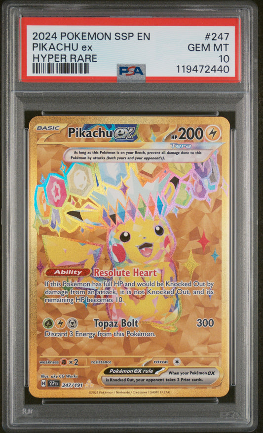 Pikachu Ex 2024 Pokemon Ssp En-Surging Sparks #247 Hyper Rare PSA 10