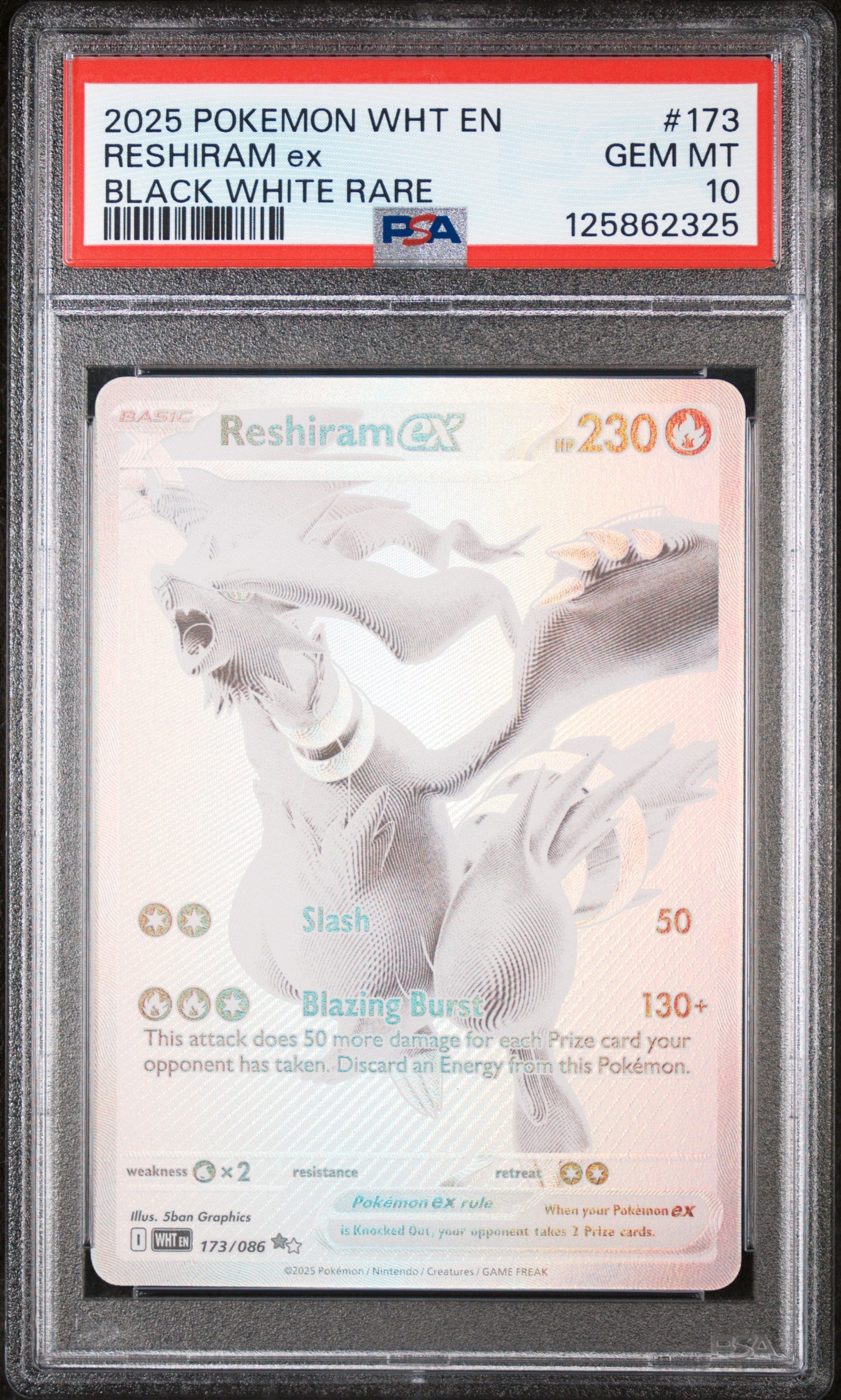 Reshiram Ex 2025 Pokemon Wht En-White Flare #173 Black White Rare PSA 10