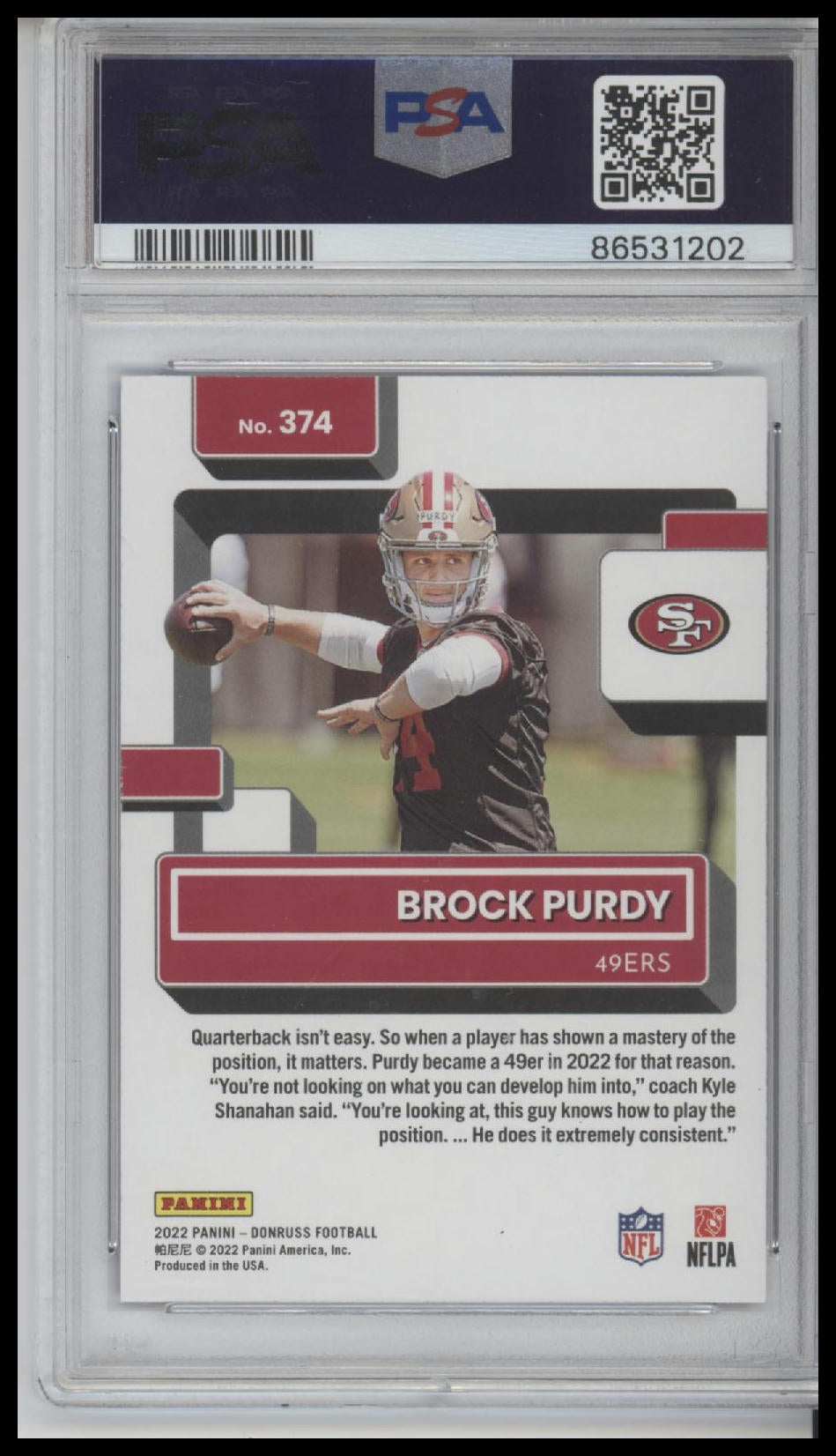 Brock Purdy 2022 Panini Donruss #374 Press Proof Blue PSA 9