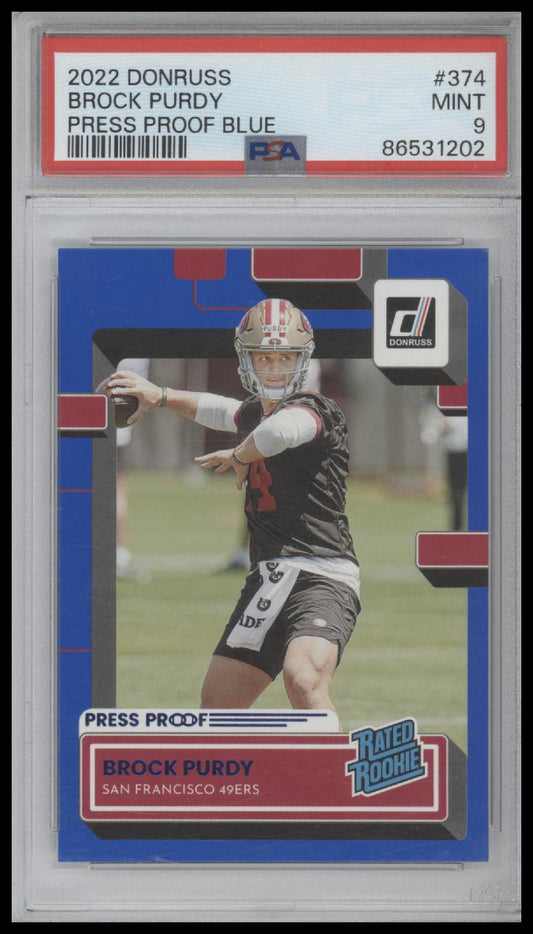 Brock Purdy 2022 Panini Donruss #374 Press Proof Blue PSA 9