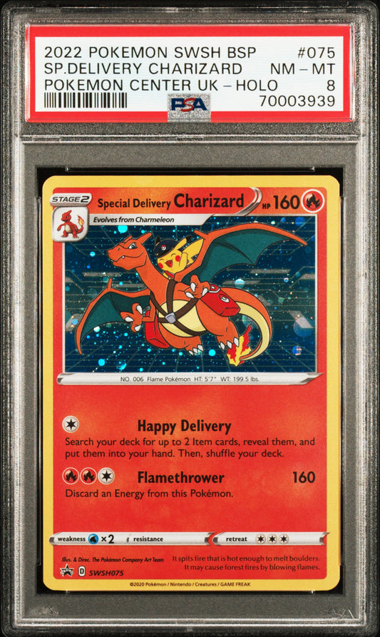 Sp.Delivery Charizard 2022 Pokémon SWSH BSP #075 Pokémon Center Uk-Holo PSA 8