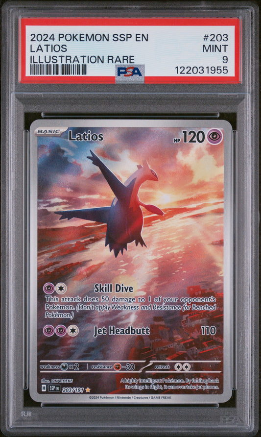 Latios 2024 Pokemon Ssp En-Surging Sparks #203 Illustration Rare PSA 9