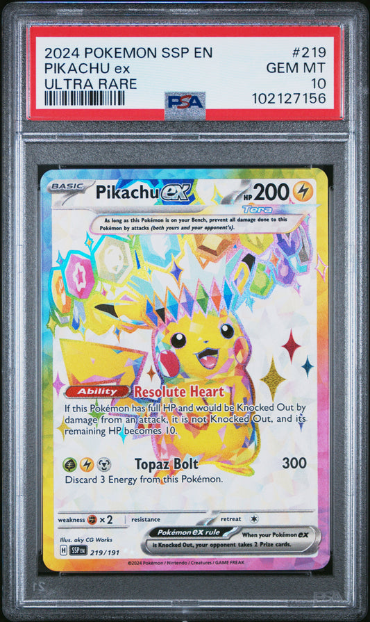 Pikachu Ex 2024 Pokemon Ssp En-Surging Sparks #219 Ultra Rare PSA 10