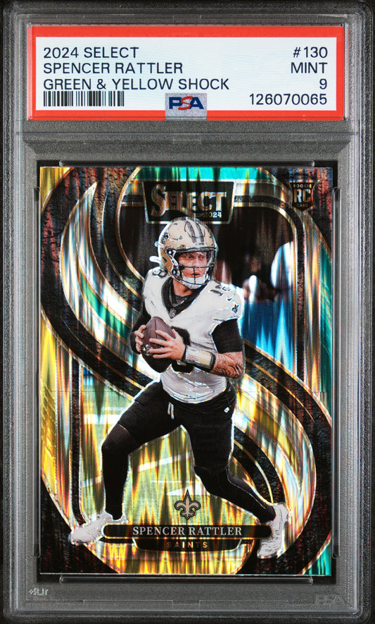 Spencer Rattler 2024 Panini Select #130 Green & Yellow Shock PSA 9