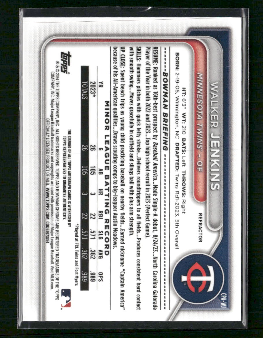 Walker Jenkins 2024 Bowman #CPA-WJ Chrome Prospects Autographs Refractors #/499