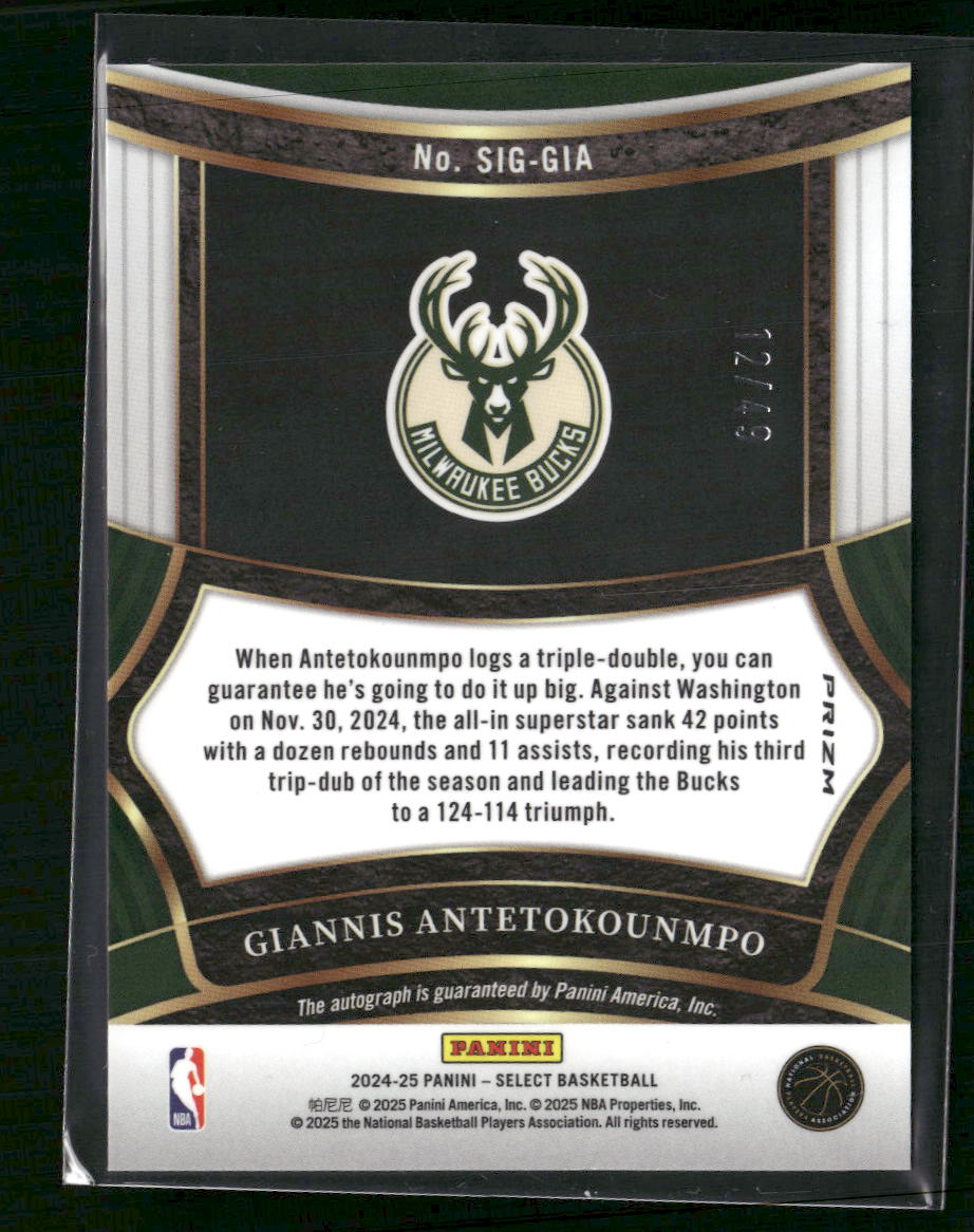 Giannis Antetokounmpo 2024-25 Panini Select #SIG-GIA Signatures Blue Prizms #/49