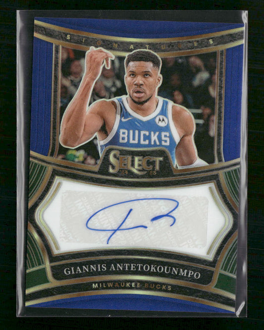 Giannis Antetokounmpo 2024-25 Panini Select #SIG-GIA Signatures Blue Prizms #/49