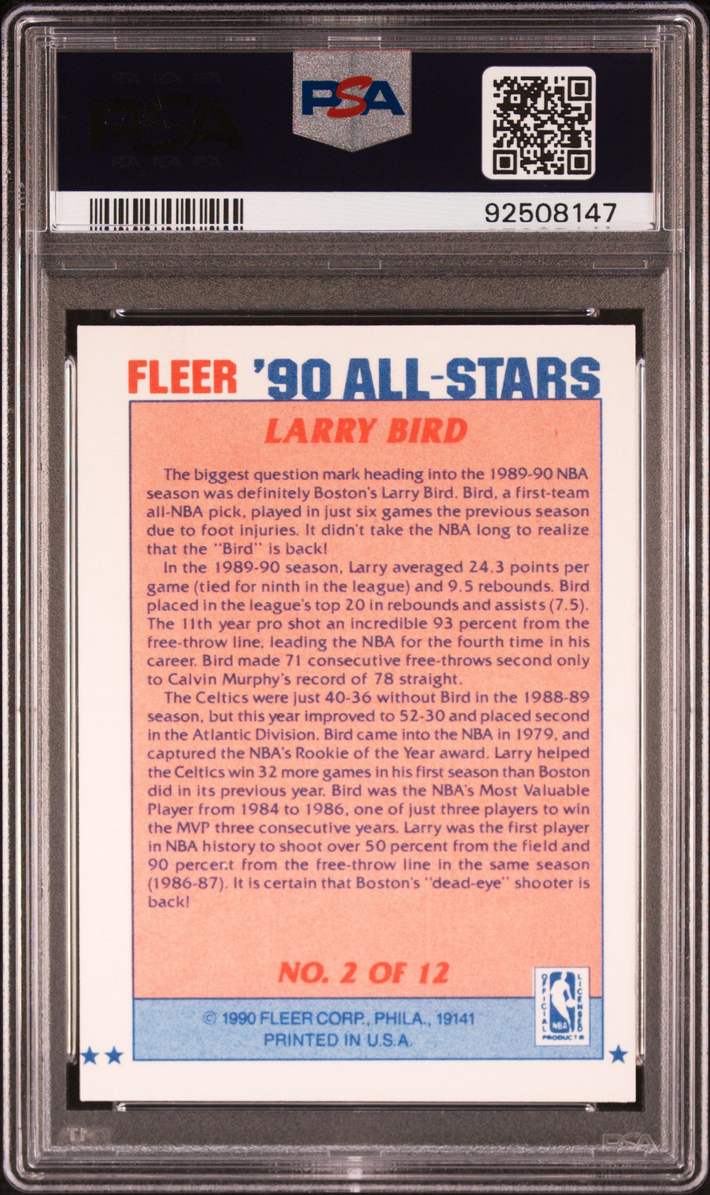Larry Bird 1990 Fleer All-Stars #2 PSA 8