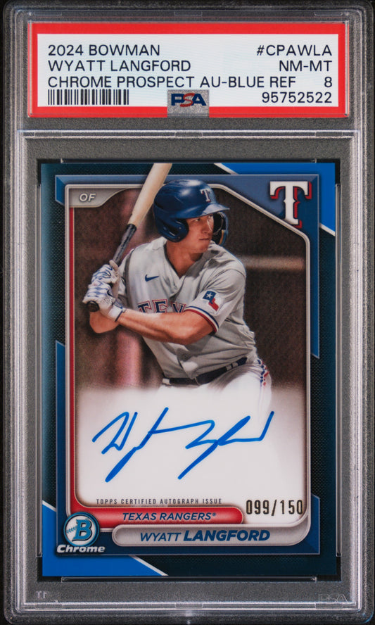 Wyatt Langford 2024 Bowman Chrome Prospect Autographs #CPAWLA Blue Ref PSA 8