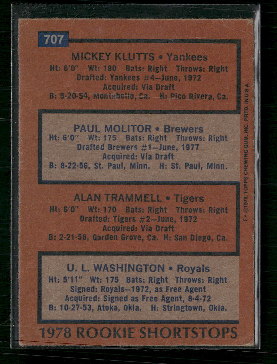 1978 Rookie Mickey Klutts Paul Molitor Alan Trammell U.L. Washington Topps
