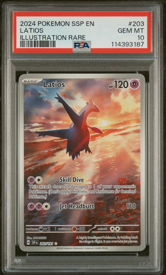 Latios 2024 Pokemon Ssp En-Surging Sparks #203 Illustration Rare PSA 10