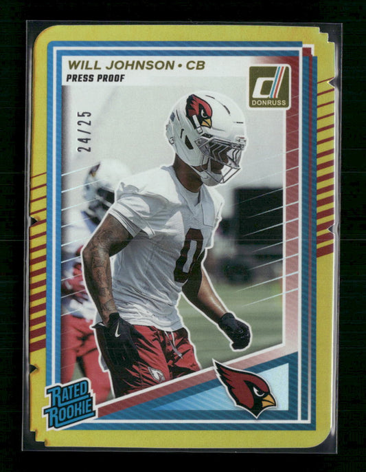2025 Donruss Press Proof #396 Will Johnson Rated Rookie Gold Die Cut #/25