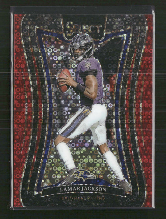Lamar Jackson 2024 Panini Select #386 Red Disco Prism #/49
