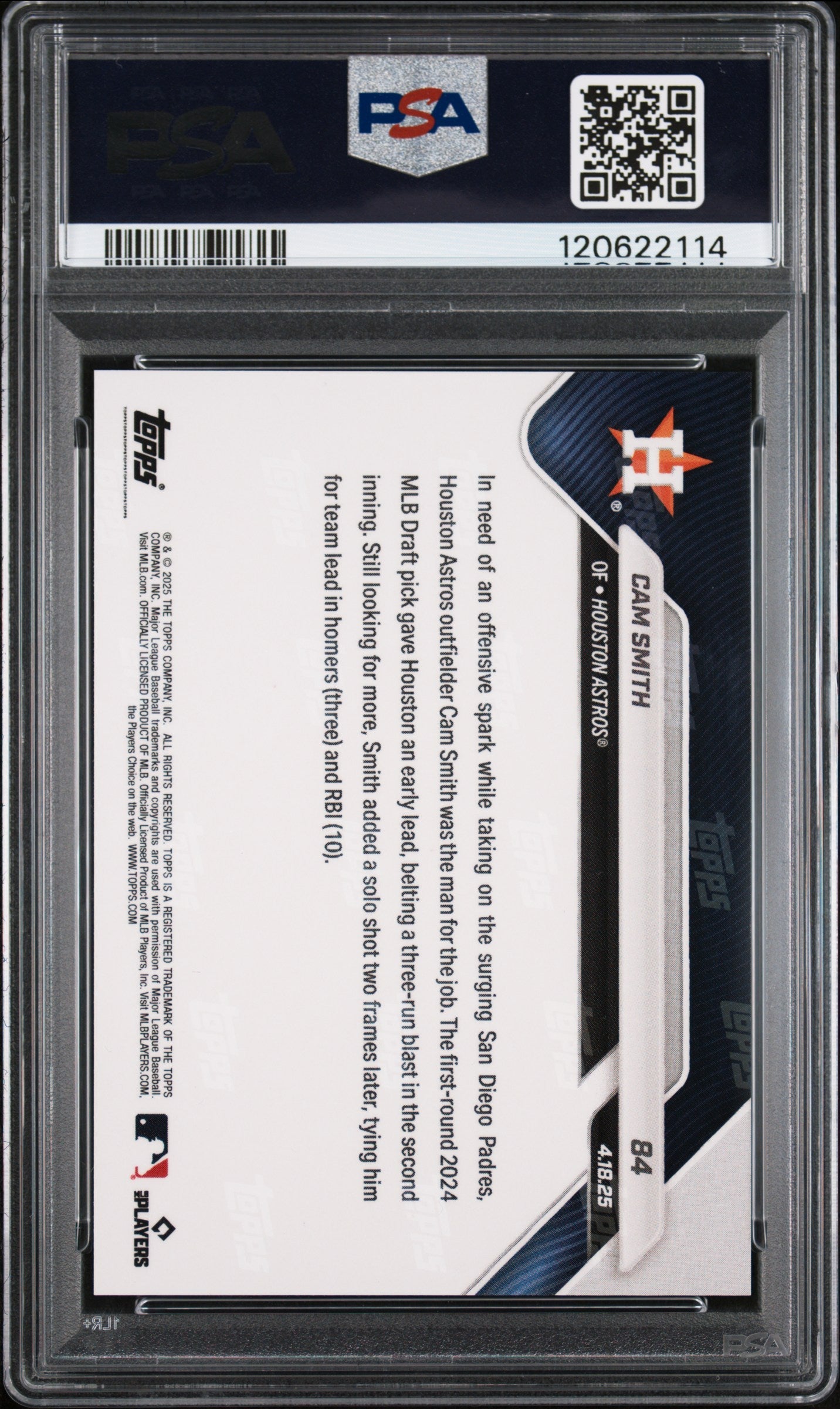 Graded 2025 Topps Now Cam Smith #84 Rookie RC Baseball Card PSA 10 Gem Mint