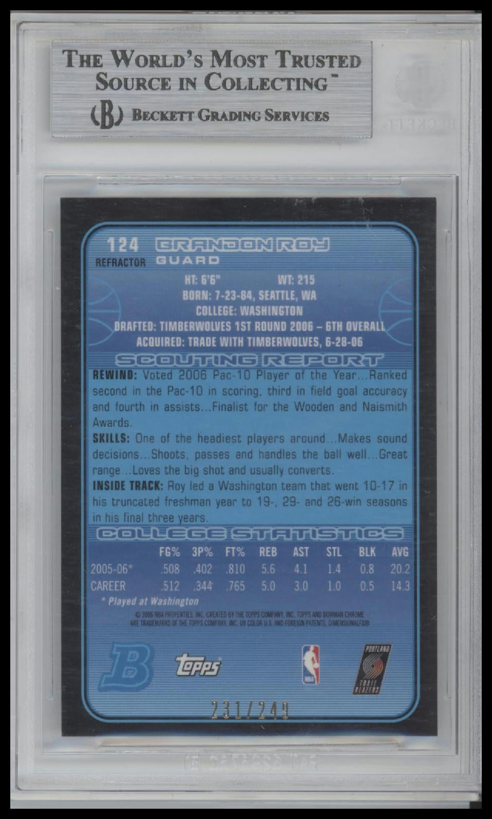 2006-07 Bowman Chrome Refractors Brandon Roy 9.0 BGS #124